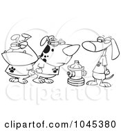 Royalty Free RF Clip Art Illustration Of A Cartoon Black And White Outline Design Of A Clique Of Dogs By A Hydrant by toonaday
