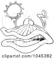 Royalty Free RF Clip Art Illustration Of A Cartoon Black And White Outline Design Of A Clam Playing A Clam Playing A Tambourine by toonaday