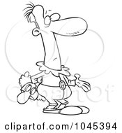 Royalty Free RF Clip Art Illustration Of A Cartoon Black And White Outline Design Of A Confused Male Clown Holding His Mask