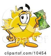 Clipart Picture Of A Sun Mascot Cartoon Character Holding A Dollar Bill by Mascot Junction