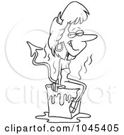 Royalty Free RF Clip Art Illustration Of A Cartoon Black And White Outline Design Of A She Devil Cooling Off On A Block Of Ice