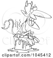 Poster, Art Print Of Cartoon Black And White Outline Design Of A Devil Cooling Off On A Block Of Ice
