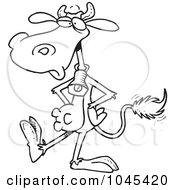 Poster, Art Print Of Cartoon Black And White Outline Design Of A Cow Wearing A Bell And Walking Upright