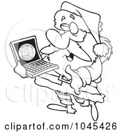 Royalty Free RF Clip Art Illustration Of A Cartoon Black And White Outline Design Of Santa Carrying A Laptop