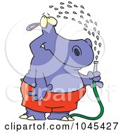 Cartoon Hippo Spraying Himself With A Hose