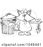 Cartoon Black And White Outline Design Of A Cat Holding A Fish Bone