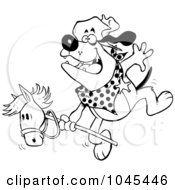 Poster, Art Print Of Cartoon Black And White Outline Design Of A Cowboy Bulldog Riding A Stick Pony