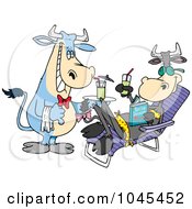 Poster, Art Print Of Cartoon Waiter Cow Serving A Female Cow A Beverage Poolside