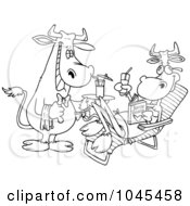 Poster, Art Print Of Cartoon Black And White Outline Design Of A Waiter Cow Serving A Female Cow A Beverage Poolside
