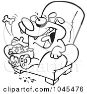 Poster, Art Print Of Cartoon Black And White Outline Design Of A Lazy Dog Eating Biscuits On A Chair