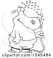 Poster, Art Print Of Cartoon Black And White Outline Design Of A Hippo Spraying Himself With A Hose