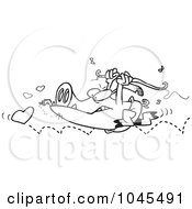 Royalty Free RF Clip Art Illustration Of A Cartoon Black And White Outline Design Of A Cupid Pig Chasing Hearts