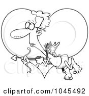 Poster, Art Print Of Cartoon Black And White Outline Design Of A Goofy Cupid Over A Heart