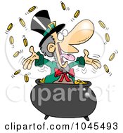 Cartoon Leprechaun Celebrating In His Pot Of Gold