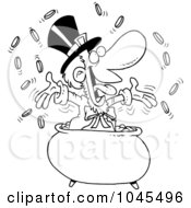 Royalty Free RF Clip Art Illustration Of A Cartoon Black And White Outline Design Of A Leprechaun Celebrating In His Pot Of Gold