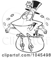 Royalty Free RF Clip Art Illustration Of A Cartoon Black And White Outline Design Of A St Patricks Day Frog On A Pot Of Gold