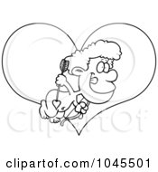 Poster, Art Print Of Cartoon Black And White Outline Design Of A Cupid Boy Over A Heart