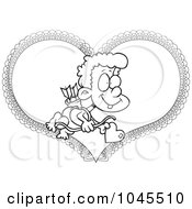 Royalty Free RF Clip Art Illustration Of A Cartoon Black And White Outline Design Of Cupid Boy Over A Heart