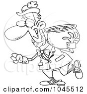 Royalty Free RF Clip Art Illustration Of A Cartoon Black And White Outline Design Of A Leprechaun Carrying His Pot Of Gold On His Shoulder