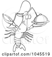 Poster, Art Print Of Cartoon Black And White Outline Design Of A Chef Crawdad Holding A Platter