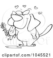 Royalty Free RF Clip Art Illustration Of A Cartoon Black And White Outline Design Of A Drooling Dog Holding A Flower