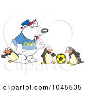 Poster, Art Print Of Cartoon Polar Bear Coaching Penguins For Soccer