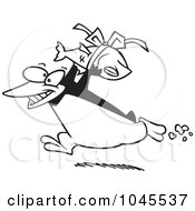 Royalty Free RF Clip Art Illustration Of A Cartoon Black And White Outline Design Of A Penguin Carrying A Fish Gift
