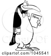 Poster, Art Print Of Cartoon Black And White Outline Design Of A Waiter Penguin Holding A Menu