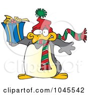 Royalty Free RF Clip Art Illustration Of A Cartoon Christmas Penguin Holding A Gift