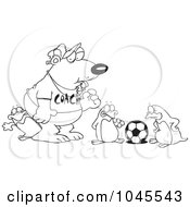 Royalty Free RF Clip Art Illustration Of A Cartoon Black And White Outline Design Of A Polar Bear Coaching Penguins For Soccer