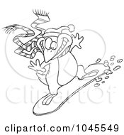 Royalty Free RF Clip Art Illustration Of A Cartoon Black And White Outline Design Of A Snowboarding Penguin