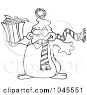 Royalty Free RF Clip Art Illustration Of A Cartoon Black And White Outline Design Of A Christmas Penguin Holding A Gift