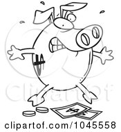 Poster, Art Print Of Cartoon Black And White Outline Design Of A Piggy Bank Over Money