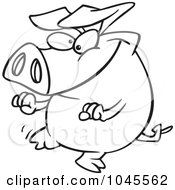 Poster, Art Print Of Cartoon Black And White Outline Design Of A Pig Doing A Happy Dance