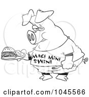 Royalty Free RF Clip Art Illustration Of A Cartoon Black And White Outline Design Of A Pig Carrying A Sandwich