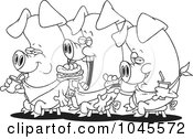 Poster, Art Print Of Cartoon Black And White Outline Design Of Three Eating Pigs