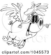 Cartoon Black And White Outline Design Of A Flying Pig