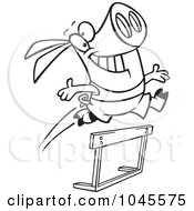 Poster, Art Print Of Cartoon Black And White Outline Design Of A Pig Leaping Over A Hurdle