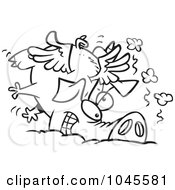 Cartoon Black And White Outline Design Of A Winged Pig Crashing
