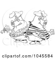 Royalty Free RF Clip Art Illustration Of A Cartoon Black And White Outline Design Of Two Hogs Pigging Out