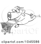 Royalty Free RF Clip Art Illustration Of A Cartoon Black And White Outline Design Of A Pig Pushing A Shopping Cart