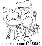 Poster, Art Print Of Cartoon Black And White Outline Design Of A Bbq Pig Wearing A Pig Out Apron