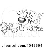 Poster, Art Print Of Cartoon Black And White Outline Design Of A Puppy With A Bell On His Tail Looking At A Bone