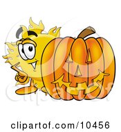 Sun Mascot Cartoon Character With A Carved Halloween Pumpkin by Mascot Junction