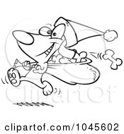 Royalty Free RF Clip Art Illustration Of A Cartoon Black And White Outline Design Of A Santa Paws Dog Carrying A Bag Of Bones