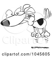 Poster, Art Print Of Cartoon Black And White Outline Design Of A Hyper Dog Jumping With A Bone In His Mouth
