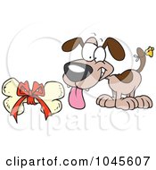 Poster, Art Print Of Cartoon Puppy With A Bell On His Tail Looking At A Bone