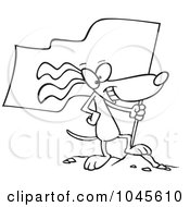 Royalty Free RF Clip Art Illustration Of A Cartoon Black And White Outline Design Of A Patriotic Dog Standing On A Mound With A Flag