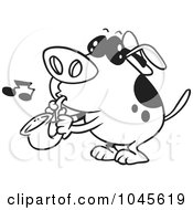 Poster, Art Print Of Cartoon Black And White Outline Design Of A Dog Playing A Saxophone