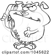 Royalty Free RF Clip Art Illustration Of A Cartoon Black And White Outline Design Of A Bulldog Talking On A Phone by toonaday